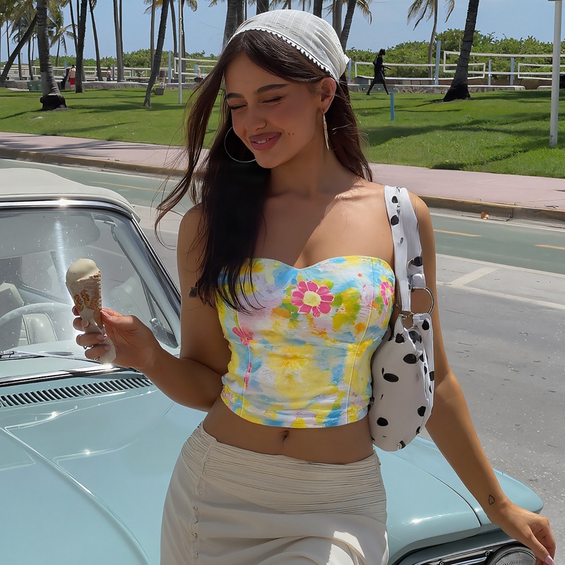 OM-2025 Summer New Arrival Fashionable Sexy Crop Top with Print and Waist-cinching Design